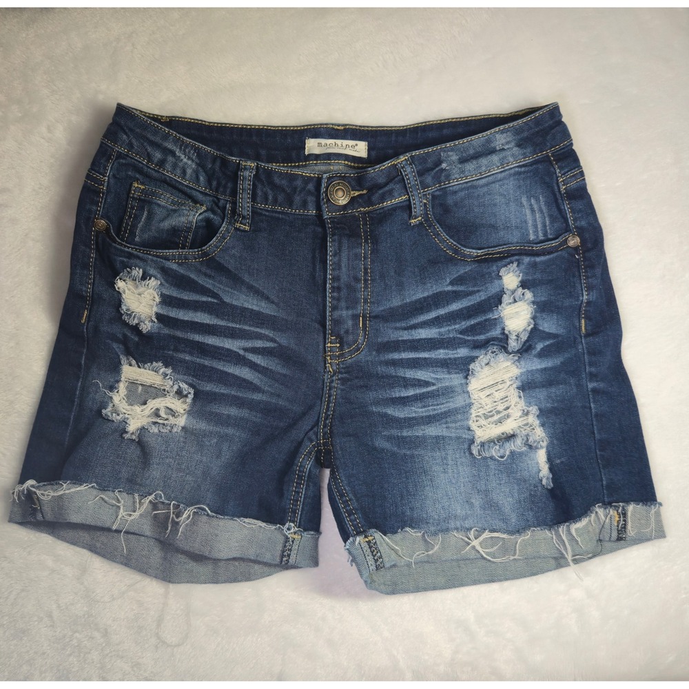 Machine Jeans Womens Distressed Dark Wash Denim Shorts Raw Hem Size 30 Waist